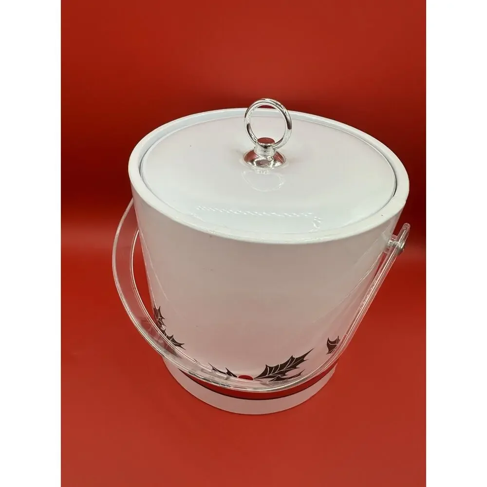 Vintage Christmas Holly Ice Bucket With Acrylic Lucite Handle Retro